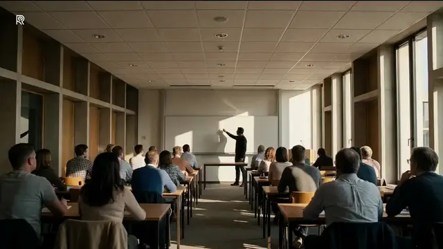 Still from the ROSE film for Education: a full lecture hall, students at desks facing an instructor.