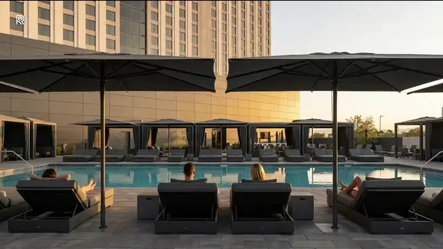Still from the ROSE film for Hospitality, Leisure and Assembly: a resort pool deck with cabanas below a hotel tower.