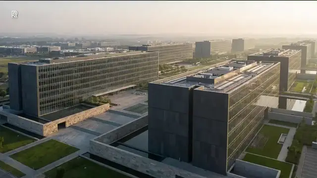 Still from the ROSE film for Office: an aerial of an office park, roofs and parking in frame.