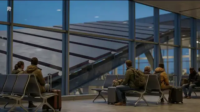 Still from the ROSE film for Transportation and Infrastructure: an airport terminal concourse under a glazed panel canopy.