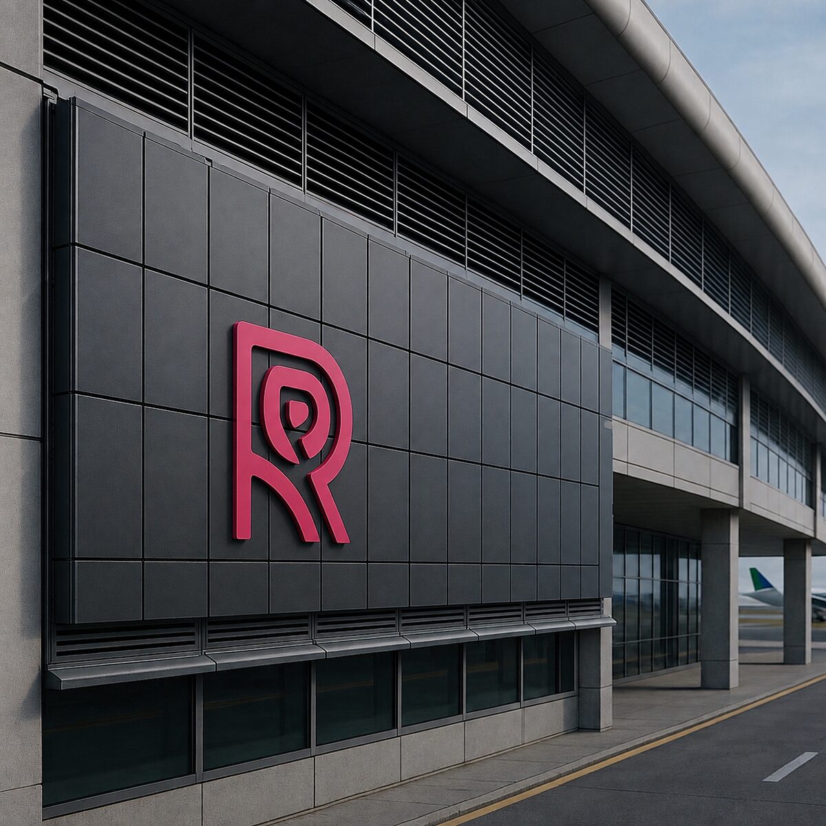 Et ROSE panel array på en lufthavnsterminal facade med ROSE-mærket monteret på det, et fly på apronen derude