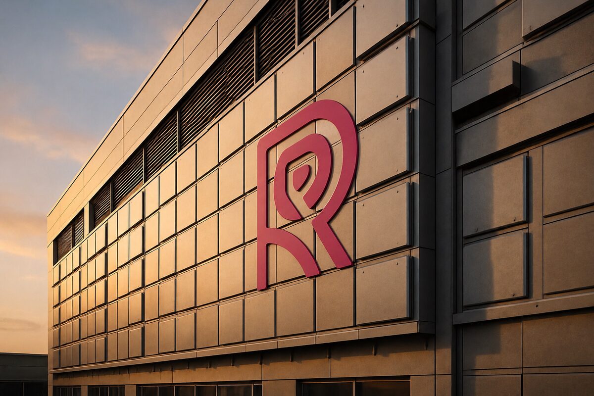 Et ROSE panel array installeret som beklædning på en stor industribygning væg ved gylden time, ROSE-mærket monteret på panel feltet