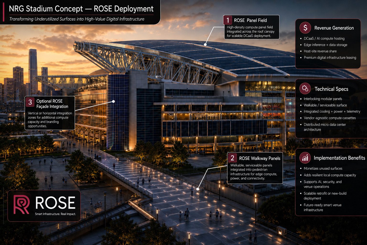 Konceptstudie af et ROSE panel felt udplaceret over et stadion tagskygge, facade og fodgængergange