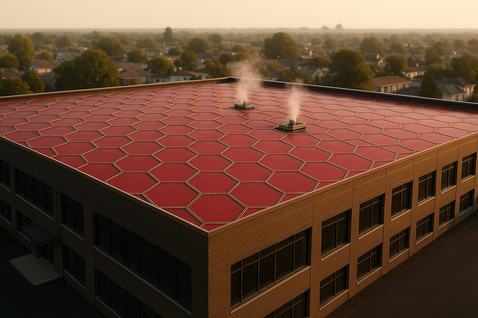 Aerial view of a commercial rooftop entirely covered in interlocking hexagonal compute panels glowing faintly crimson at golden hour